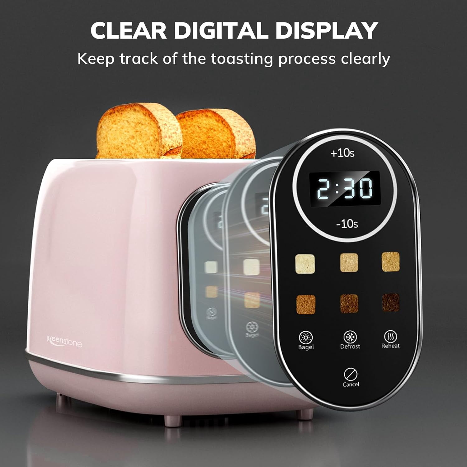 Smart Touch Screen Toaster 2 Slice, Retro Wide Slot Stainless Steel Toaster with 6 Browning Levels, Reheat & Defrost, for Bagel, Toast, Bread, Removable Crumb Tray, Black