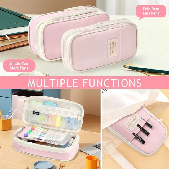 Large Storage Pencil Case Pen Bag with Zipper, Expandable Stationery Organizer Bag for College Students Office Workers Travel Use, Blush Pink