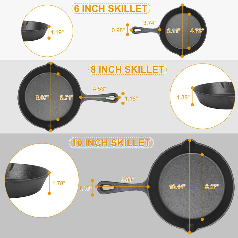 NewHome 3pcs Pre-Seasoned Cast Iron Skillet Set, 6/8/10in Non-Stick Oven Safe Cookware Heat-Resistant Frying Pan, Size: Small Product 24.5x15.5x3cm/