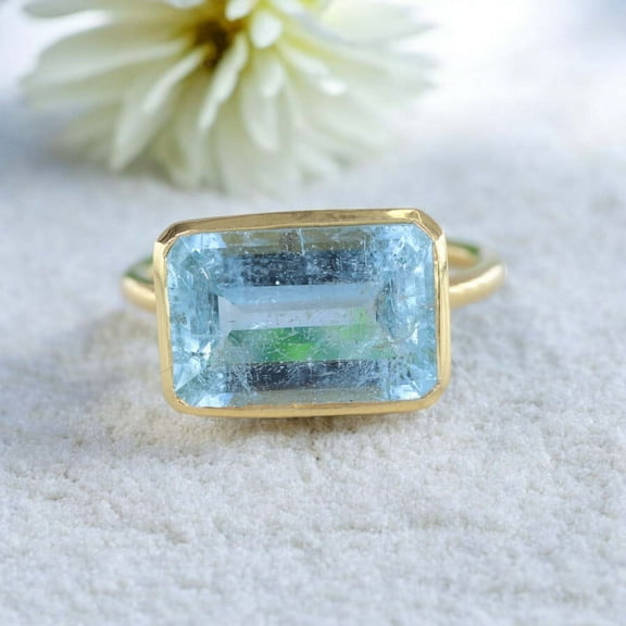 Large Baguette Cut Aquamarine Ring 14k Yellow Gold Statement Ring Solitaire Engagement Jewelry Bezel Set Promise Ring Gifts