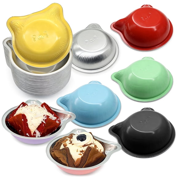 Damynai 40‑pack Cat‑Shaped Disposable Aluminum Foil Baking Cups, 8.5 oz (250 ml), 8 Assorted Colors, Lid‑Free for Dessert Baking & Party Use