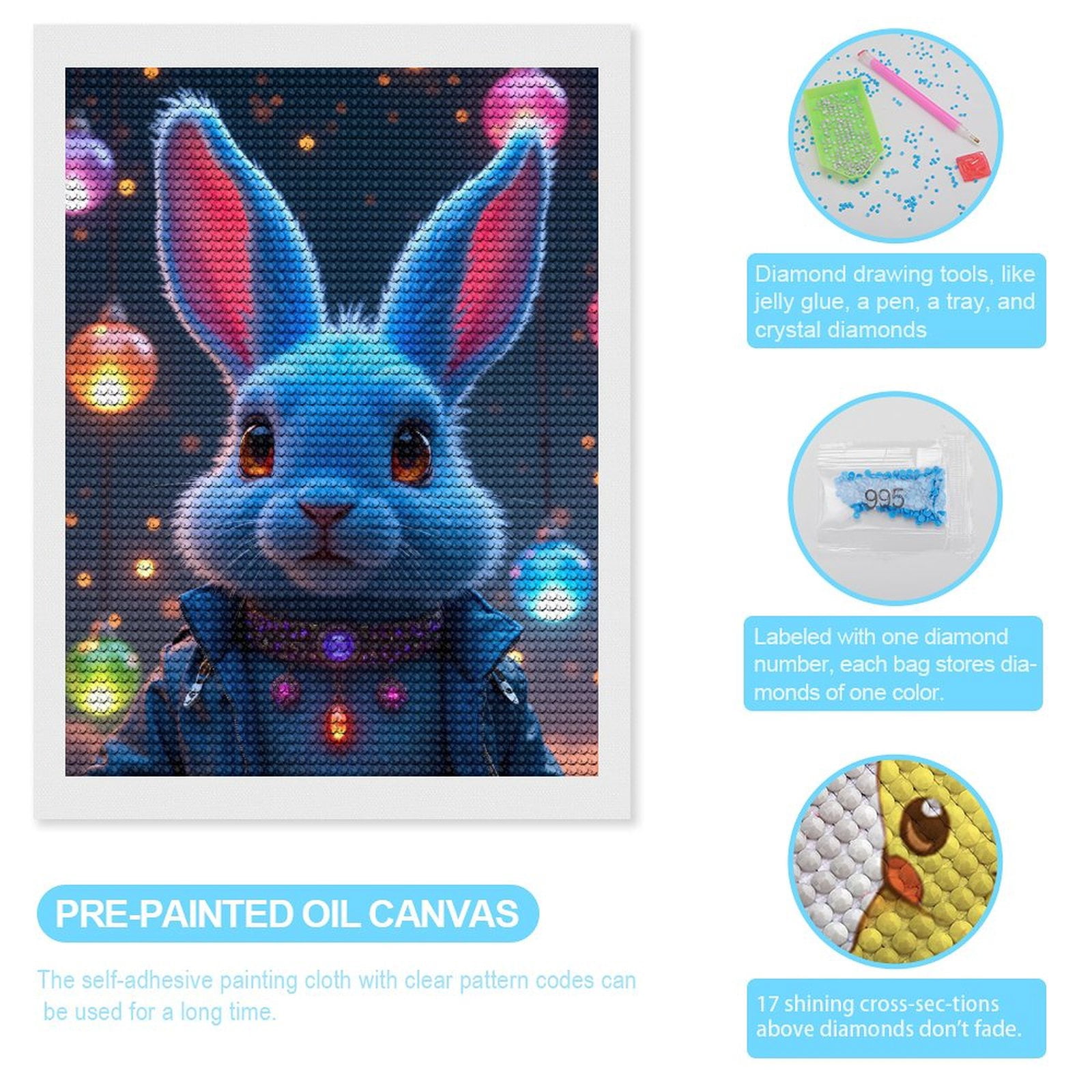 Diamond Art Kits for Adults, Blue Bunny Neon Lights Jacket 5D Diamond Painting Kits for Adults Beginners, DIY Full Drill Diamond Painting, Gem Art and Crafts 12x16