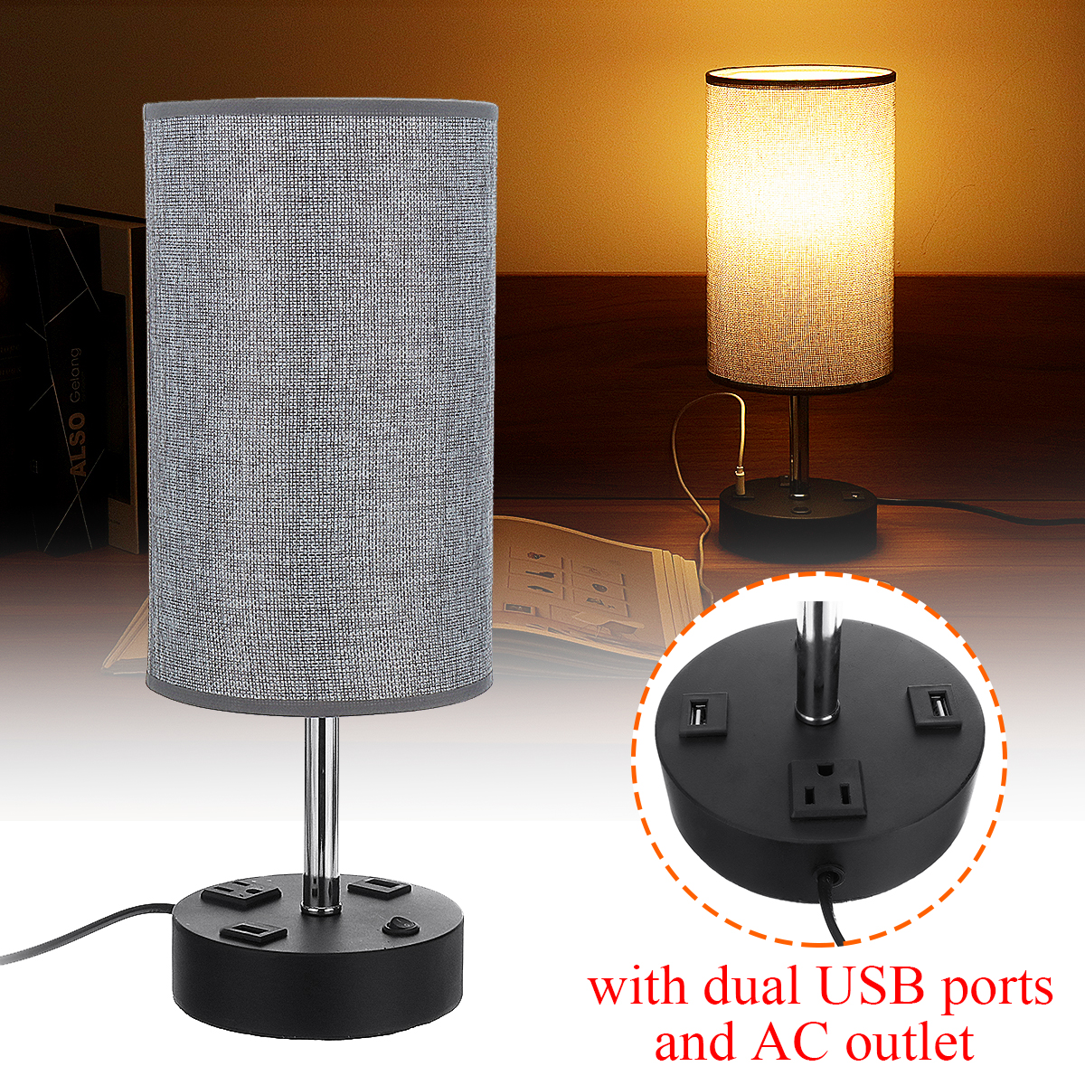 Multifutional Bedside Table Desk Lamp With Dual USB Port Outlet Fabric