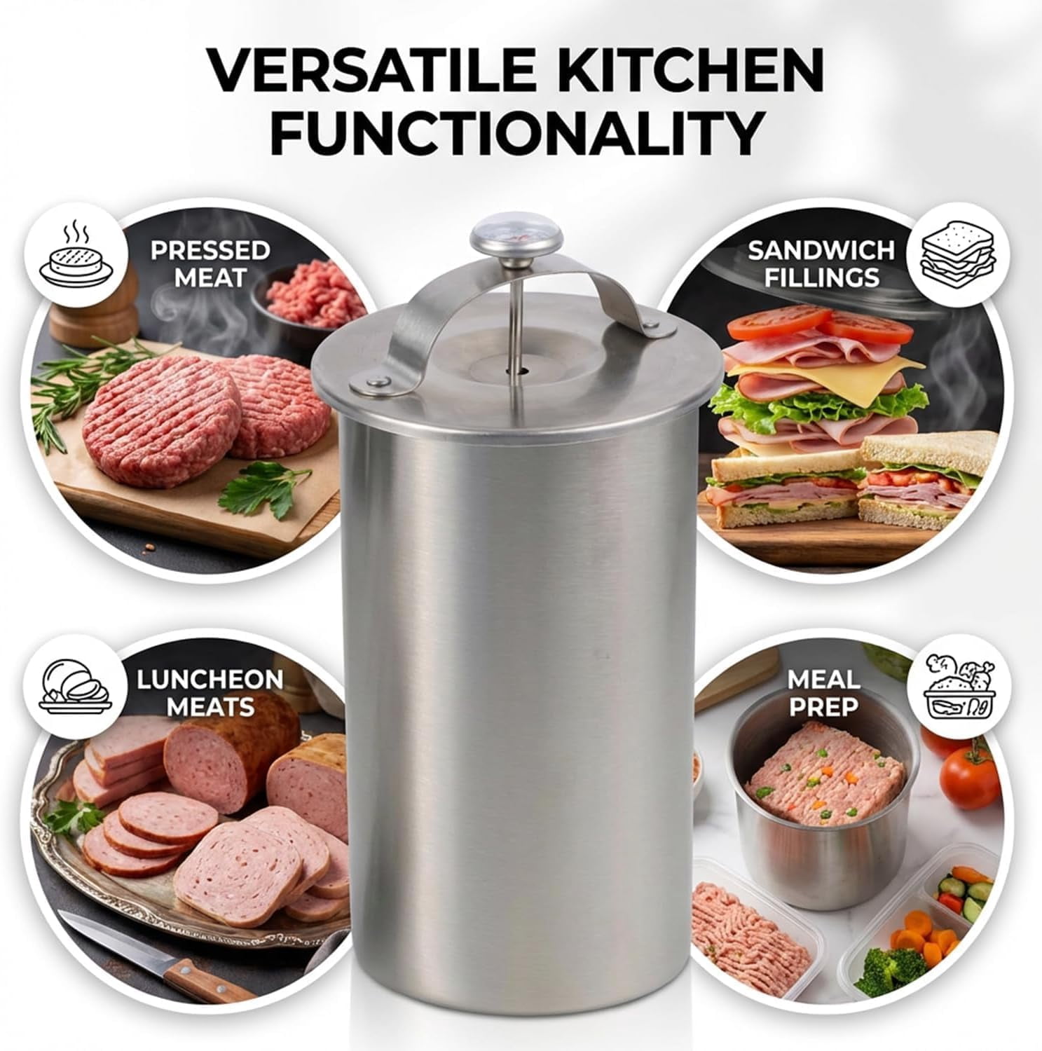 Deli Meat Press Stainless Steel, Ham Maker with Thermometer, Deli Meat Maker, Simple to Operate，for The Processing of Various Meat Products, Such as Ham and Meat Patties (2pcs)
