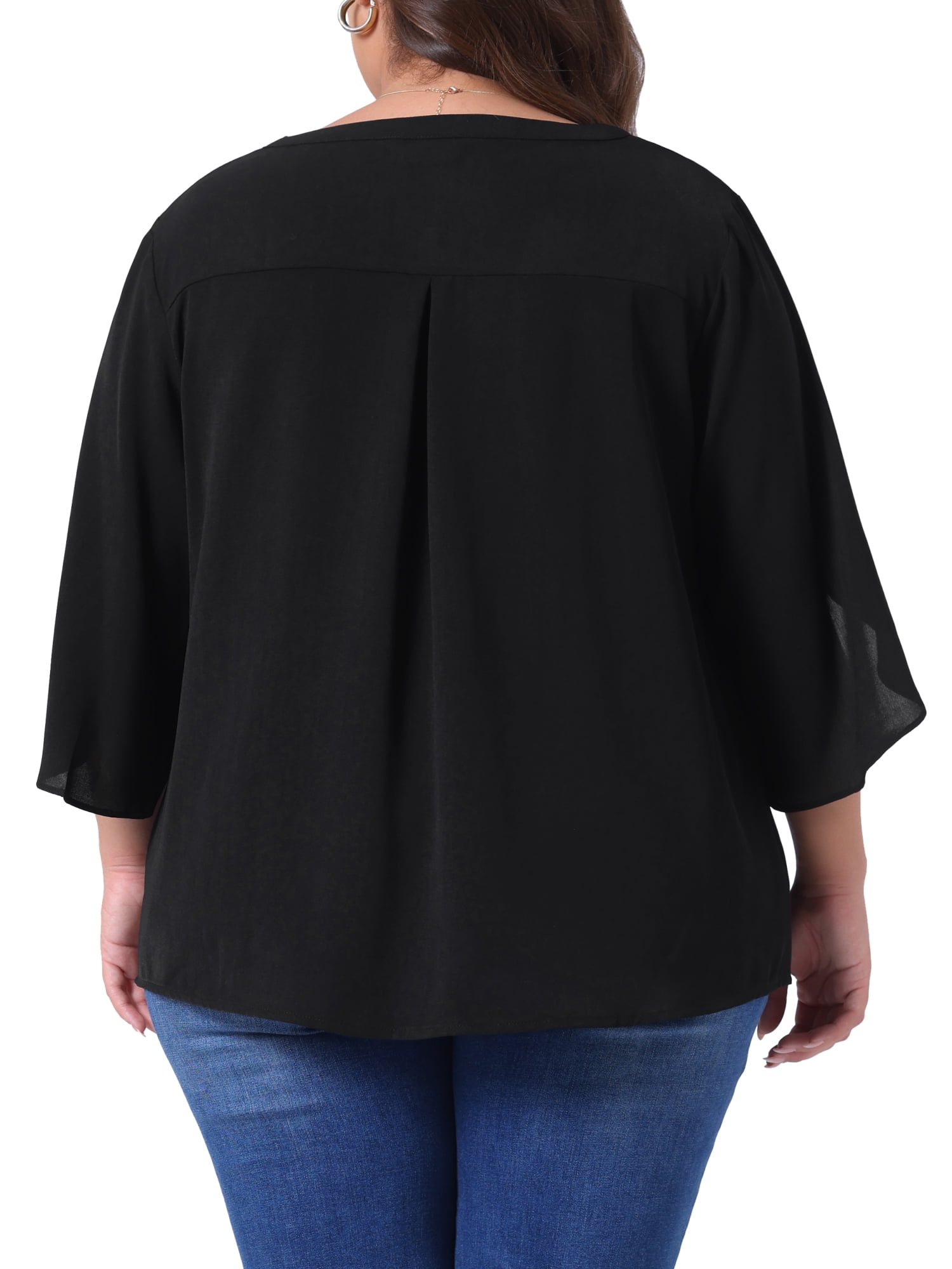 Women's Plus Spring Tops 3/4 Sleeve V Neck Chiffon Work Dressy Casual Shirt 4X All Black