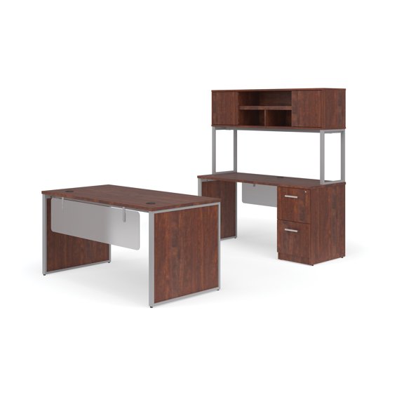 OFM Fulcrum Series Office Furniture Set, 60" Table Desk, 60" Credenza, Lateral 2-drawer Filing Cabinet, Hutch, Leg Panels, Modesty Panels, in Cherry