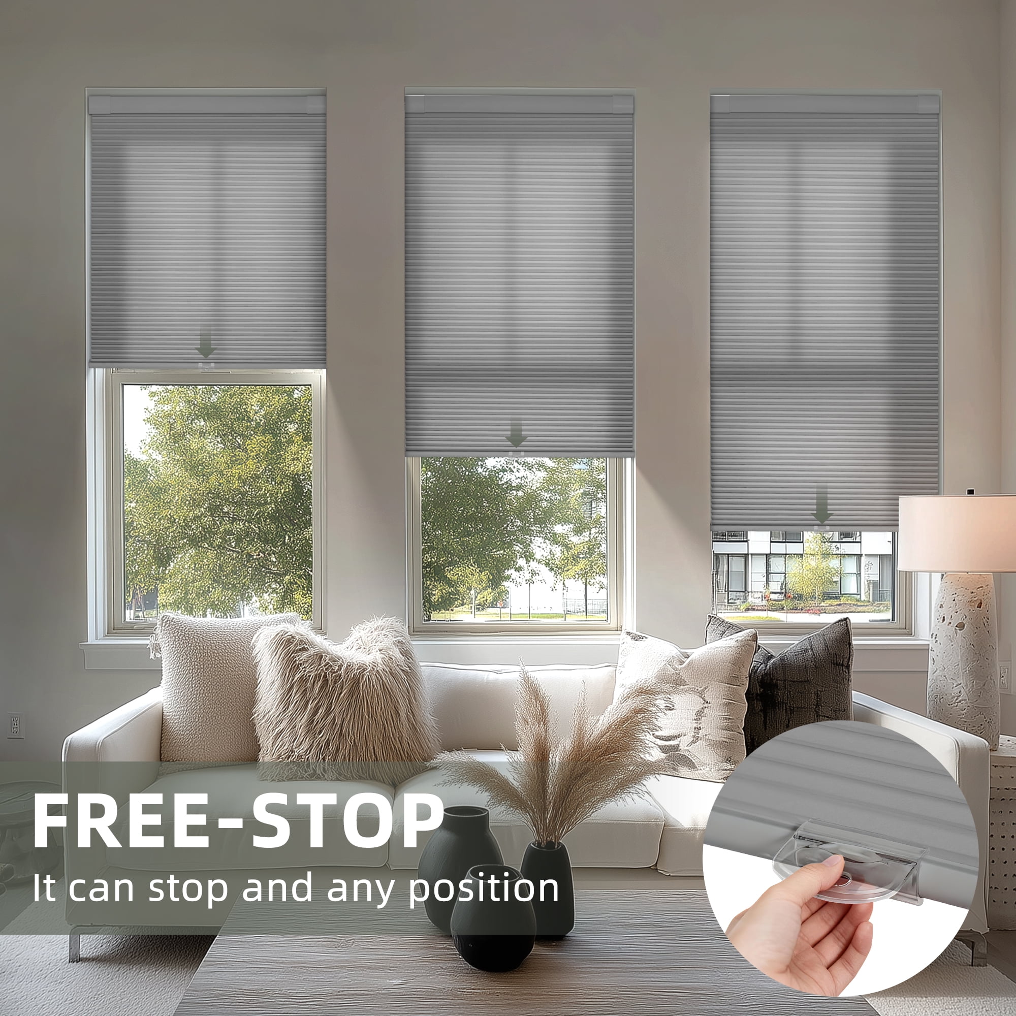 BERISSA Cordless No Drill No Tools Cellular Shades, Light Filtering Pull Down Window Blinds,Gray,38" W x 64" H