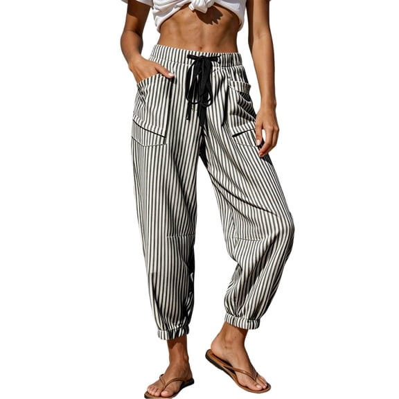 Levmjia Women's Striped Jogger Pants High Waisted Casual Loose Fit Elastic Waist Drawstring with Pockets Wide Leg Pants for Women