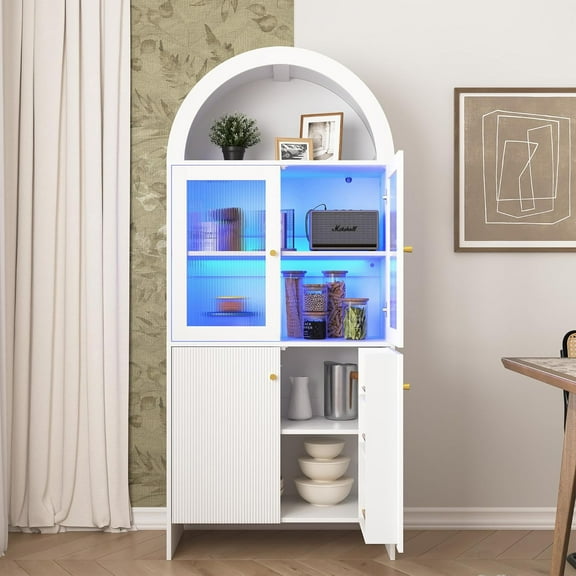 69" LED Tall Arched Kitchen Pantry Cabinet, Wood Kitchen Storage Hutch with 2 Large Drawers and Adjustable Shelves, Glass Dome Cupboard for Dining Room, Bathroom,Livingroom