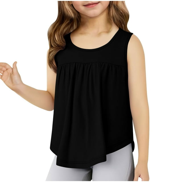 Girls Solid Ruffled Hem Tank Tops Kids Crew Neck Sleeveless Tops 4-14Y Casual Tees