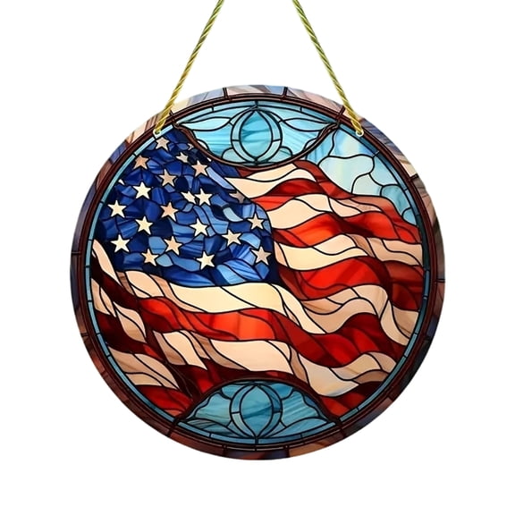 8 Inch 4th of July American Flag Acrylic Stained Glass Window Hanging Decor Patriotic USA Flag Suncatcher Double Sided Window Panel Art Crafts Decorations for Door Wall Home Indoor Outdoor (A)