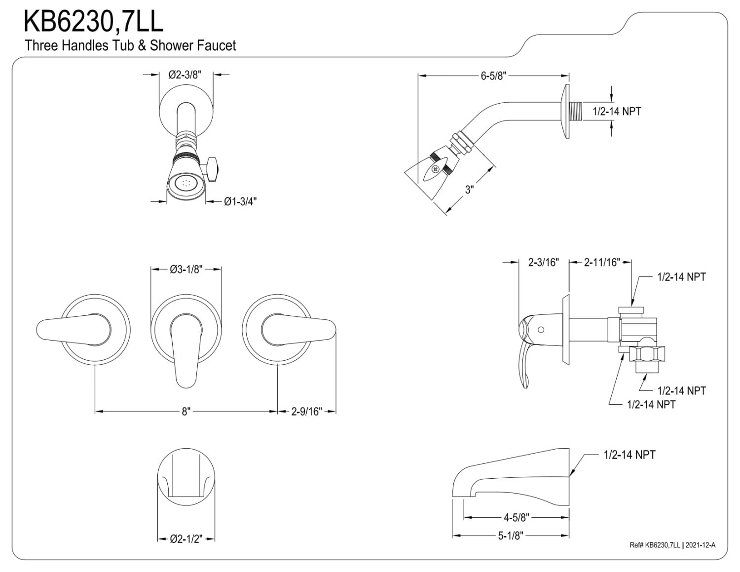Kingston Brass KB6237LL Legacy Tub and Shower Faucet, Brushed Brass