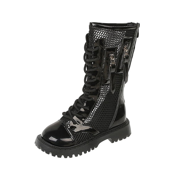 YMUQEIGH Girls Leather Riding Knee High Boots with Side Zipper Fashion Round Toe Comfortable Low Heel Lace Up Combat Boots Lug Sole Motorcycle Boots Little Kid/Big Kid