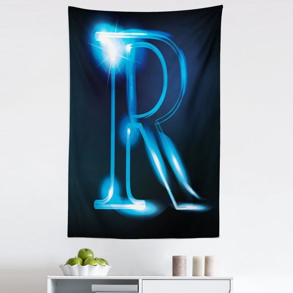 Letter R Tapestry, Writing Language with Futuristic Design Elements Modern Themed Calligraphy Print, Fabric Wall Hanging Decor for Bedroom Living Room Dorm, 5 Sizes, Blue Black, by Ambesonne