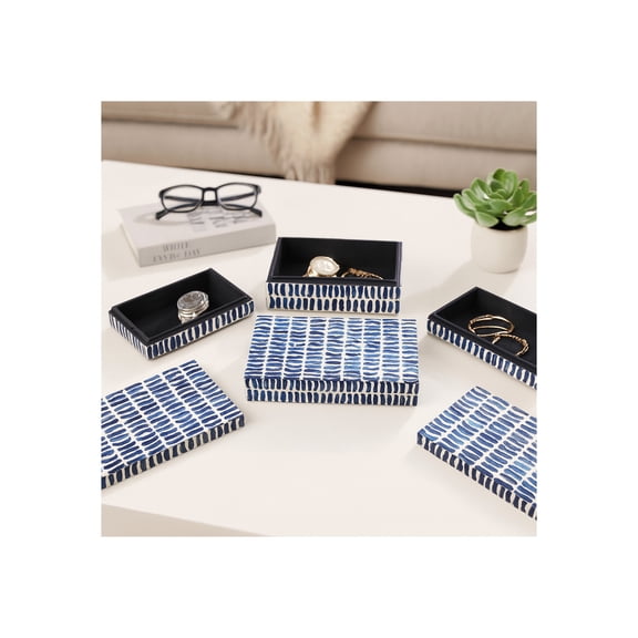 Rectangular Wood Inlay Decorative Box Set for Home Decor - Modern Wood and Resin Display Box for Jewelry and Keepsakes - Home Organizer Storage for Living Room - Set of 3, 4", 3", 3", Blue & White