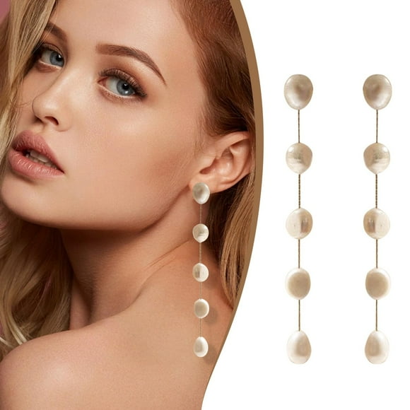 LLQkigsxse Earrings Large Natural Freshwater Pearl Long Earrings Real Gold Plated Freshwater Pearl Tassel Earrings(1 Pair of Earrings)