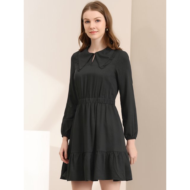INSPIRE CHIC Women's Doll Collar Keyhole Front Elasticed Waist Ruffle Hem Dress