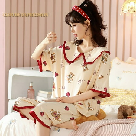 

QWZNDZGR New Arrivals Knitted Cotton Summer Short Sleeved Plus Size M-5XL Women Pajamas Set Pyjamas Women Sleepwear Cute Cartoon Pijamas