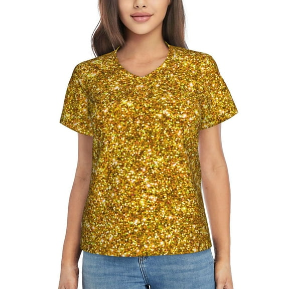 Xecao Gold Glitter for Women's V-Neck T-Shirts-Elegant Half-Sleeve Tops Perfect for Summer-Small