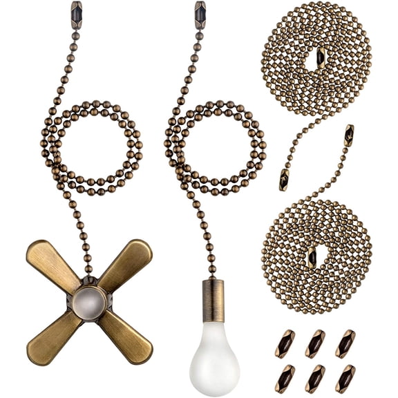 Ceiling Fan Pull Chain Set 2 Pieces - Antique Brass,Fan and Light Bulb Shaped Pendant with 12 Inches Beaded Ball Pull Chain,Extra 6 Free Matching Connectors2 Pcs 35.4 inches Pull Chain Extension