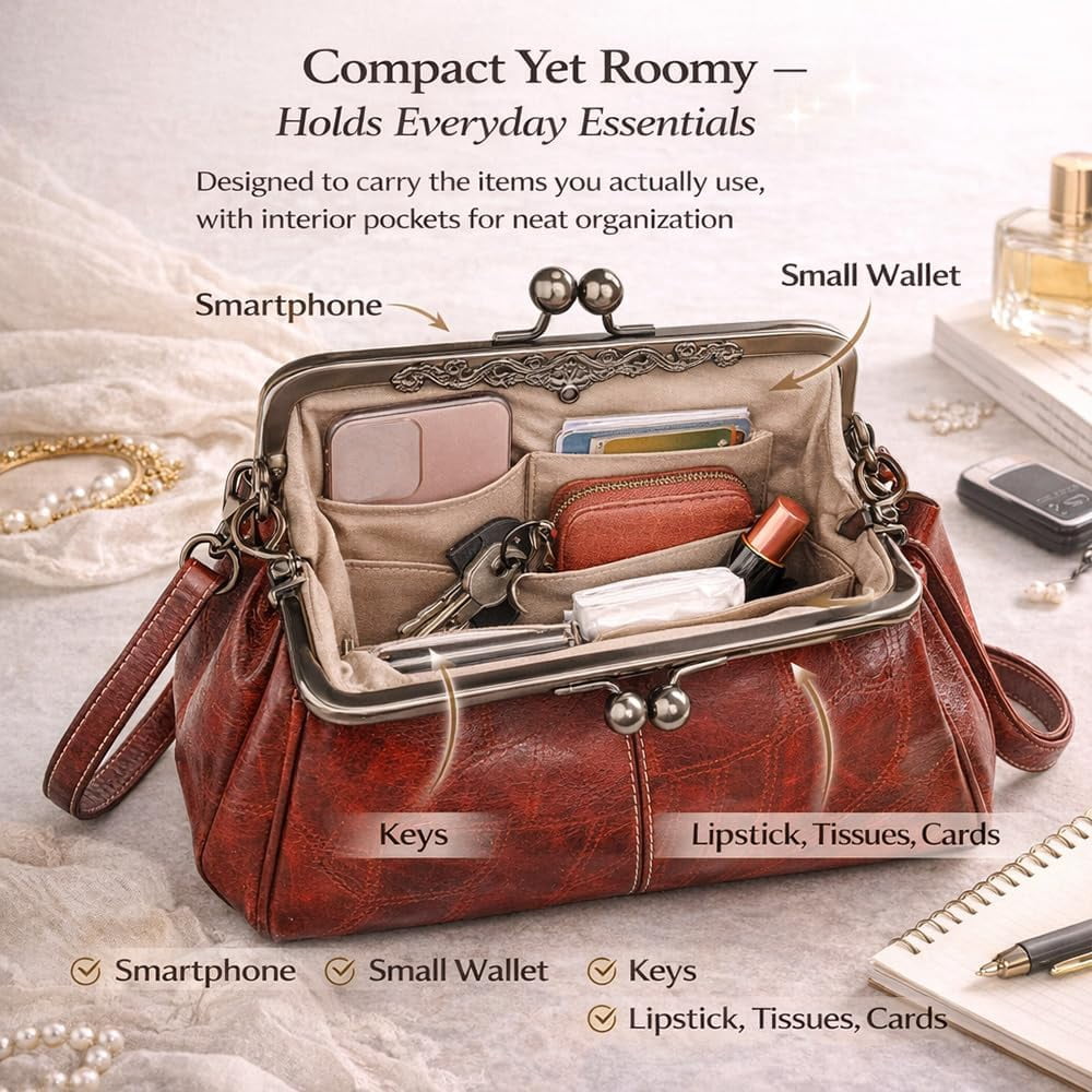 Kiss Lock Tote Handbag for Women, Vintage Frame Purse with Top Handle & Crossbody Strap, Structured Leather Shoulder Bag for Work, Daily, Travel