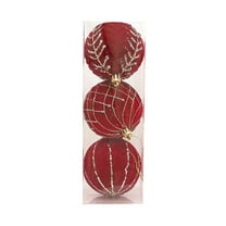 3PCS Burgundy Velvet Christmas Ornaments, 3.07 Inch Flocked Christmas Balls with Hollow Out & Sequin Designs, Shatterproof Xmas Tree Decorations Set for Holiday Displays