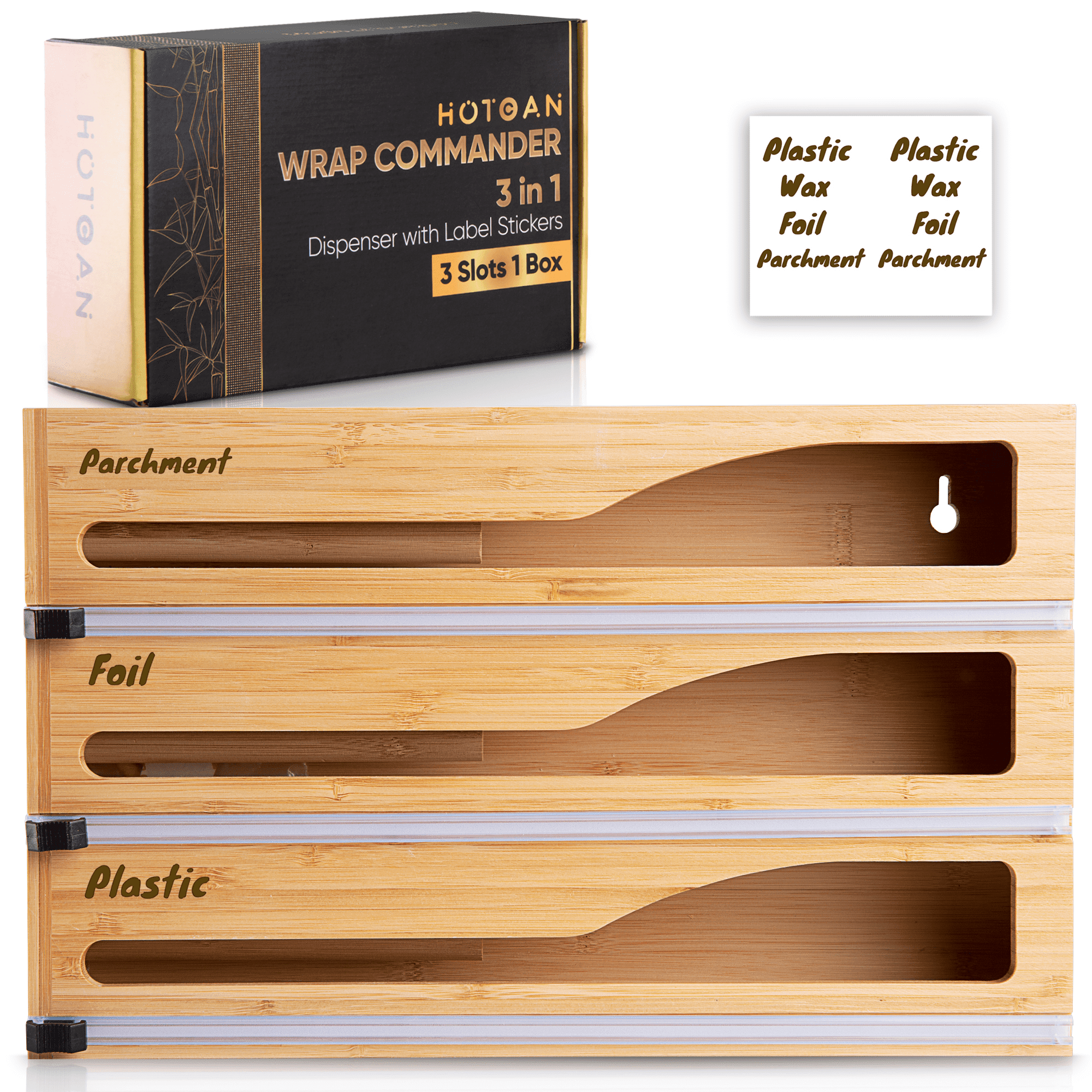 HOTCAN Bamboo Plastic Wrap Dispenser with Cutter 3 in 1, Aluminum, Wax Paper, Foil and Plastic