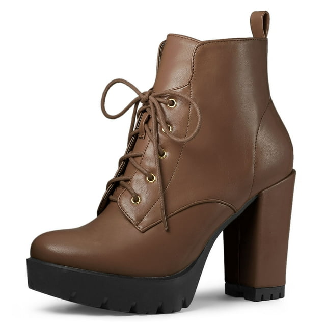 Unique Bargains Women's Round Toe Block High Heel Lace Up Platform Boots