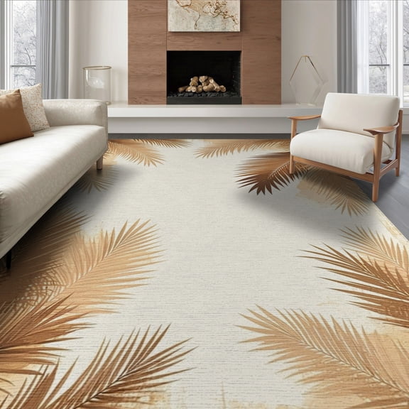 ODIKA 8'x10' Washable Area Rug Non-Shedding, Easy Care, Tropical Palm Frond Botanical Symmetrical Motif Border Rectangular for King Size Bedroom Under Bed, Master Suite