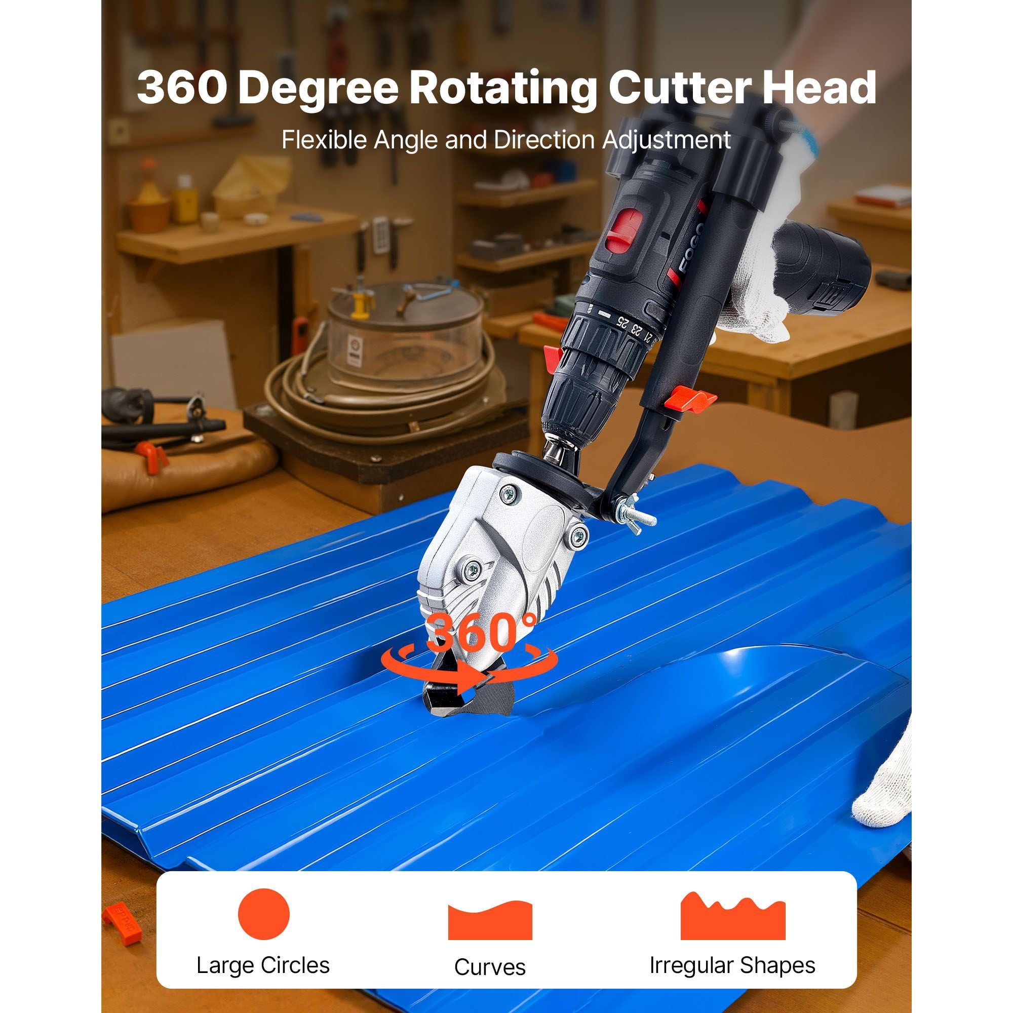 Metal Shear Drill Attachment, Cuts 18GA Steel and 14GA Aluminum, 360° Rotating Blade, 1/4" Hex Shank, Compatible with 18V-20V Drills for Straight and Curve Cutting