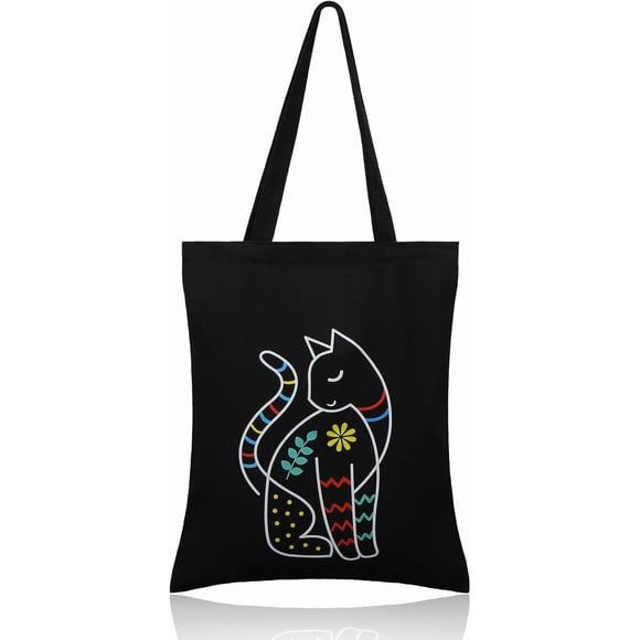 MWOOT Black Canvas Tote Bag,Cute Cat Tote Beach Bags Aesthetic for Women As Gift,Reusable Shopping Bags with Interior Pocket (35 x 40CM)