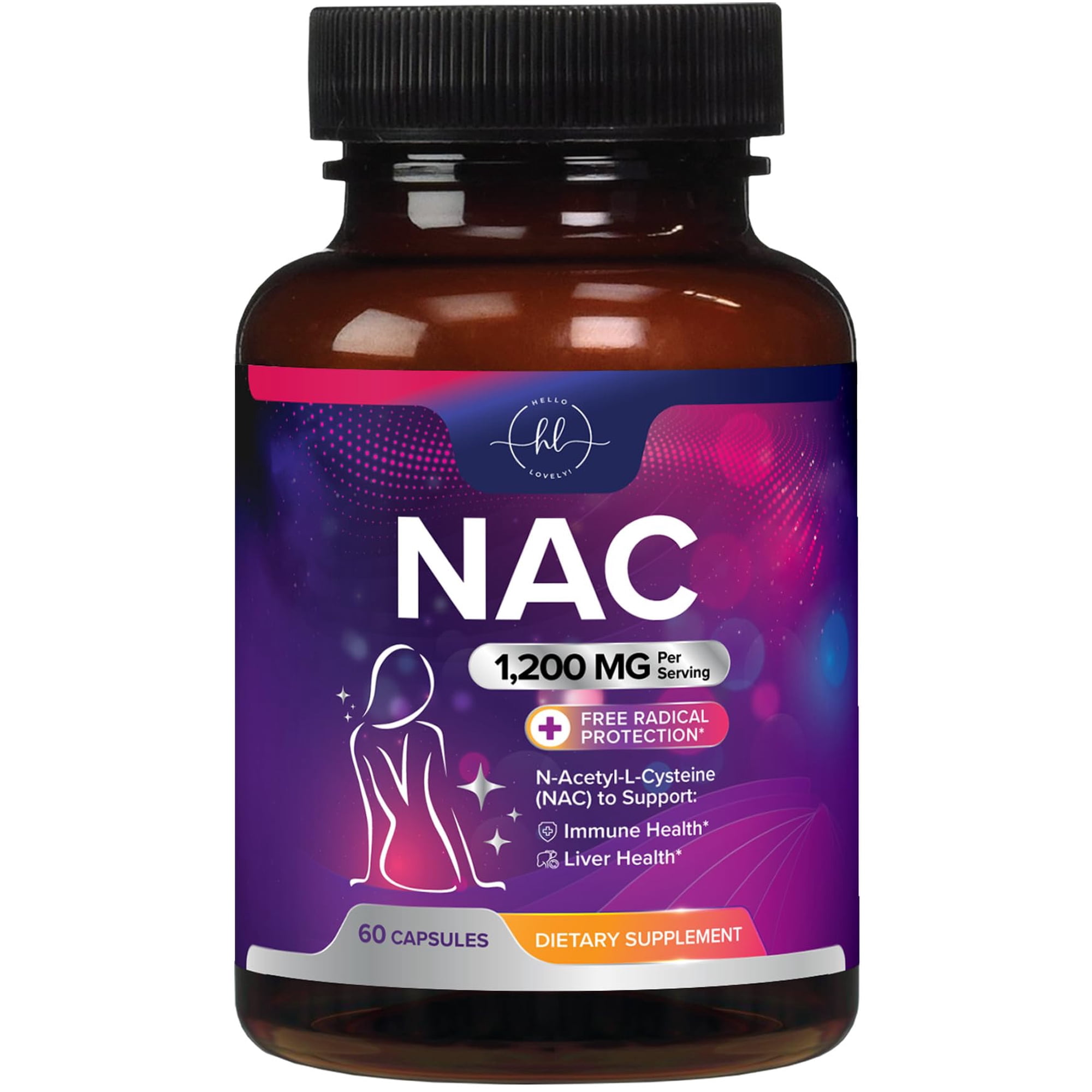 N-Acetyl-L-Cysteine (NAC) Supplement - 1200mg Free-Form NAC - Powerful Antioxidant Fights Free-Radicals - Daily Immune, Liver & Respiratory Support - Vegan, Gluten Free, Bottled in USA - 60 Capsules