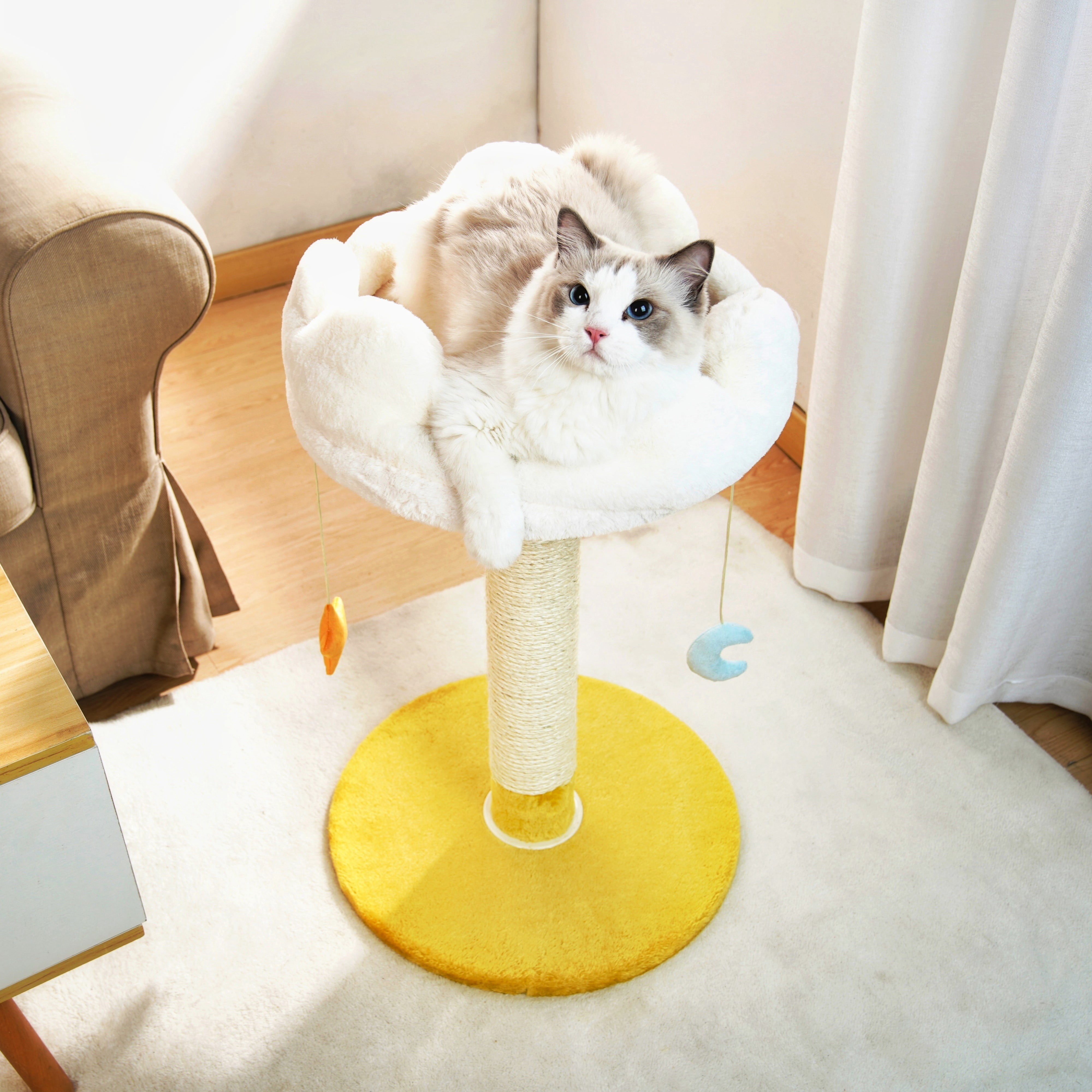 Happi N Pets 28" Tall Thick Cat Scratching Post, Small Cat Tree for Indoor Cats with Cloud Soft Perch & Bed, Cute Toys, Stable Stand, Removable Cover, Bonus Catnip