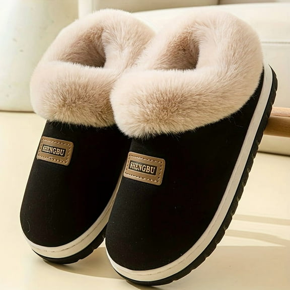 Men'S & Women'S Cozy Fleece Slippers with Thick Sole - Warm Winter Indoor/Outdoor House Shoes, Slip-On Design, Black with Golden "BENGBU" Branding, Plush Lining for Comfort, Perfect for Home