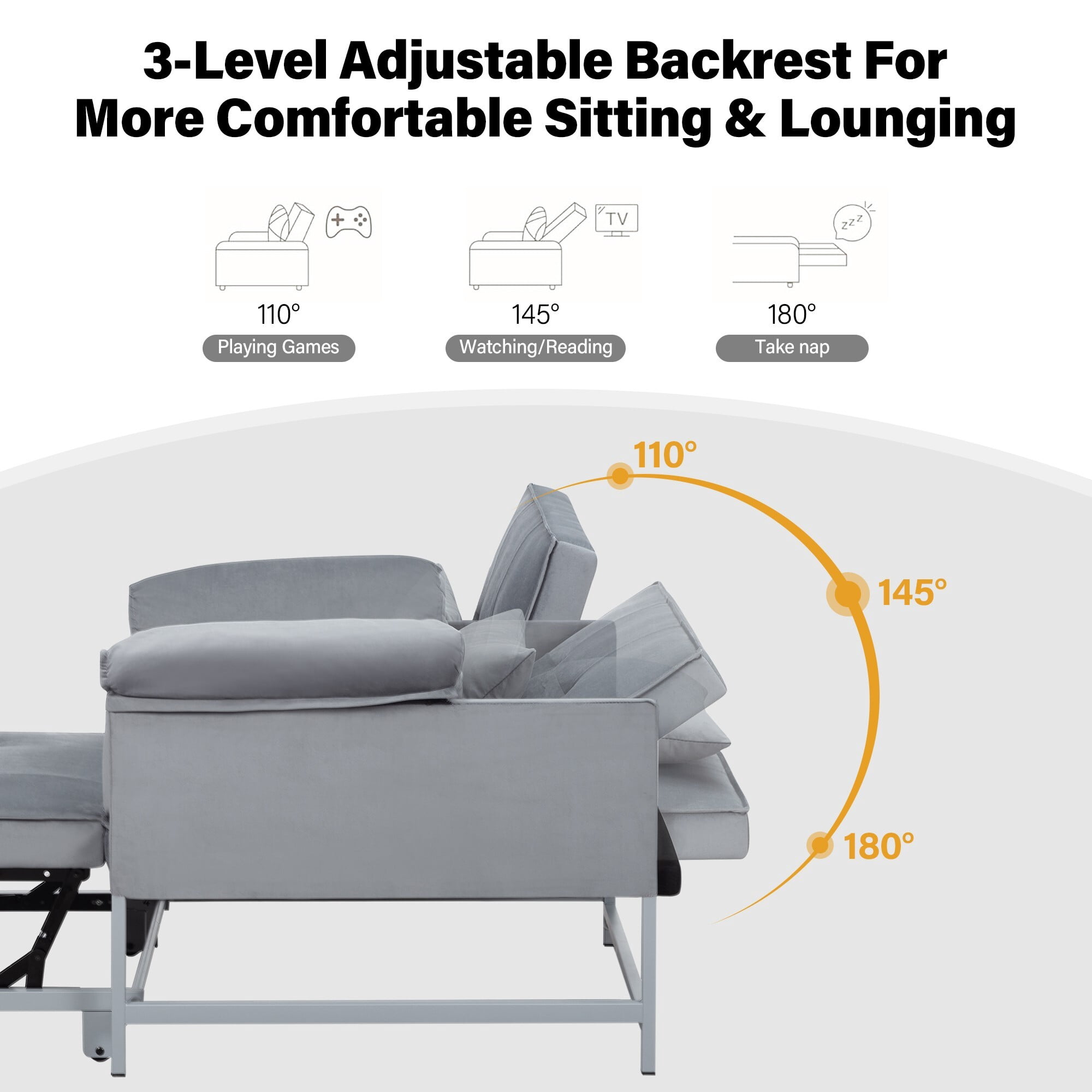 AENKYO 3-in-1 Convertible Sleeper Chair Bed with Adjustable Backrest, Velvet Chaise Lounge Sofa for Small Spaces, Gray