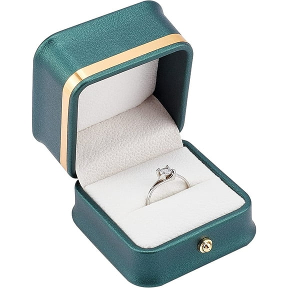 1 pc Gorgeous Ring Box with Golden Border Square Leather Ring Gift Boxes with Velvet Inside for Engagement Proposal Wedding Rings Organiser Jewelry Storage Case Dark Green