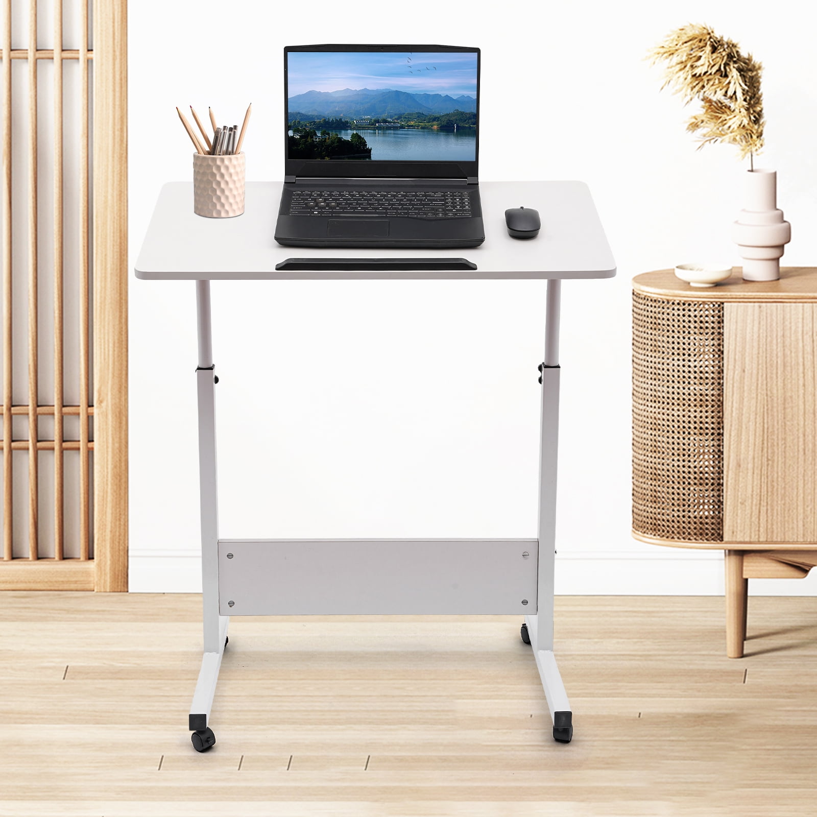 Fichiouy Mobile Standing Desk Adjustable Height Standing Desk Converter with Wheels Rolling Desk Laptop Cart for Home Office Workstation Rolling Desk Laptop Cart for Standing or Sitting