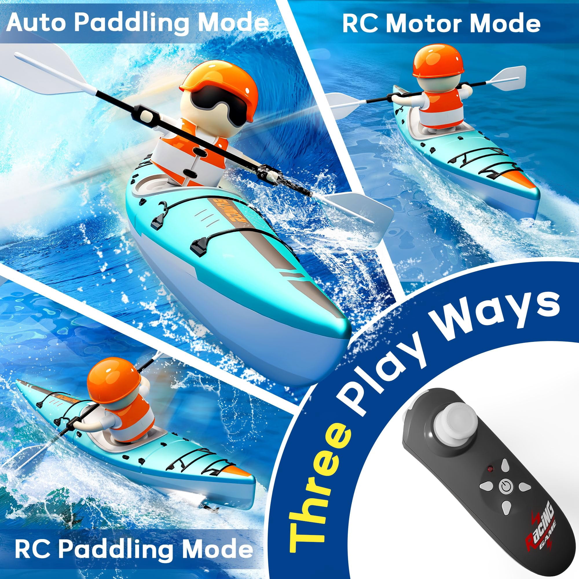 Remote Control Boat for Kids, RC Kayak Boat with Lights Paddle for Pool & Bathtub, High-Speed Water Racing Toys for Boys Girls Christmas Gifts