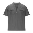 thumbnail image 3 of YFNNUP Mens Cotton Linen Henley Shirts Solid Color Double Pocket Cargo Shirt Moisture Wicking Short Sleeve V Neck Beach Tops, 3 of 6