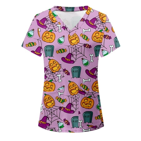 

Womens Scrub Uniform Short Sleeve Pumpkin Print Scrubs Nurse Working Top T Shirts