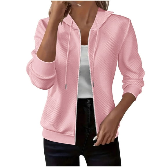 Lenpel Women's Zip up Hoodies Fall Winter Long Sleeve Drawstring Textured Hooded Sweatshirts Fashion Casual Jackets(Pink,X-Large)