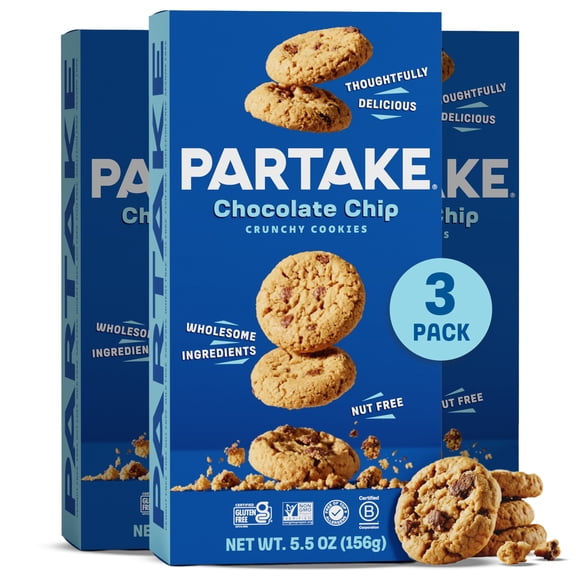 Gluten Free Patake Crunchy Chocolate Chip Cookies - Vegan - Free From the Top 9 Allergens Including Dairy, Wheat, Soy, Eggs, & Peanuts - Non GMO - Safe School & Office Snack (3 Pack, 5.5oz Boxes)