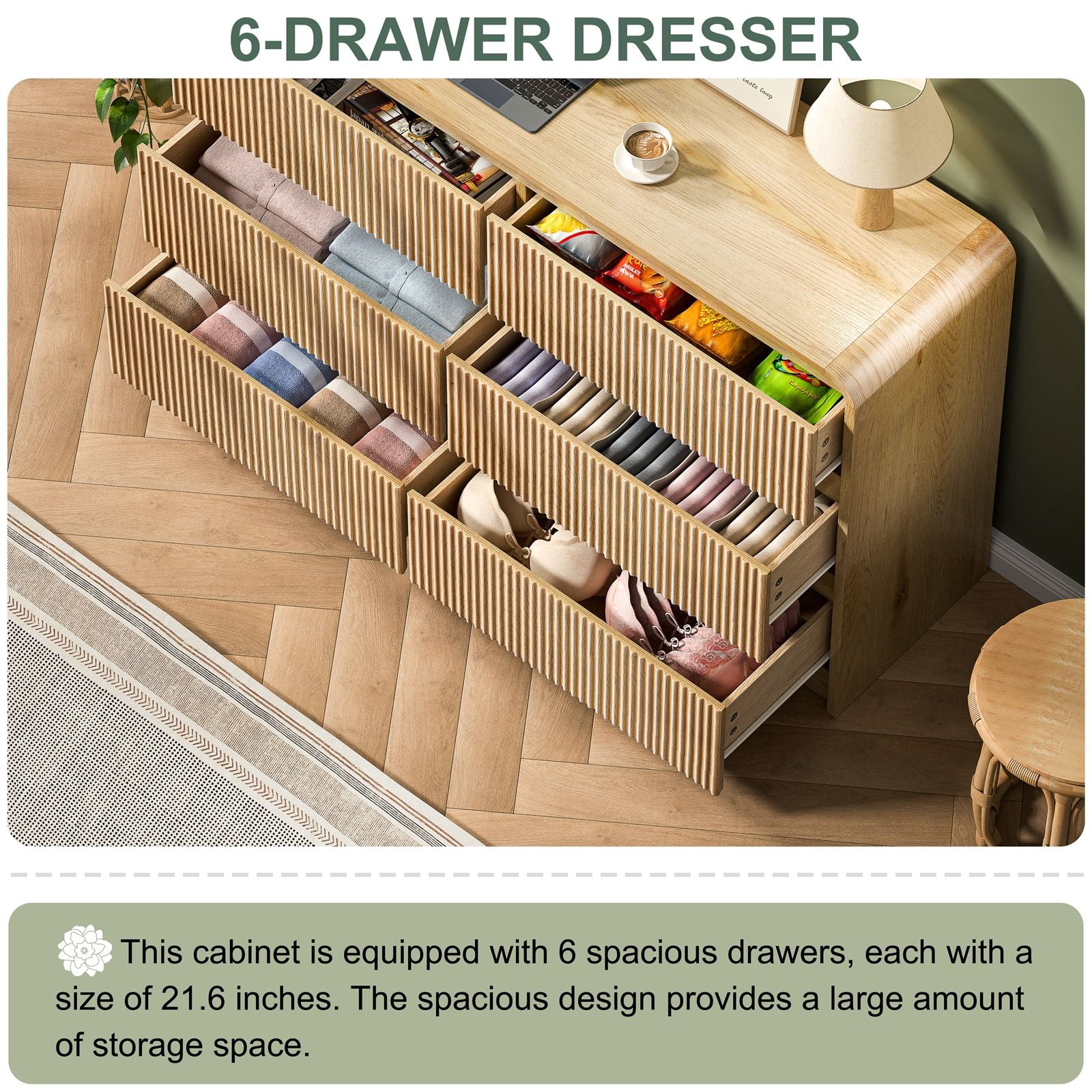 Hommoo 6-Drawer Wood Dresser with Fluted Panels, Wide Storage Chest for Bedroom, Living Room & Hallway, Smooth Glide Silent Slides & Rounded Safety Edges, Natural