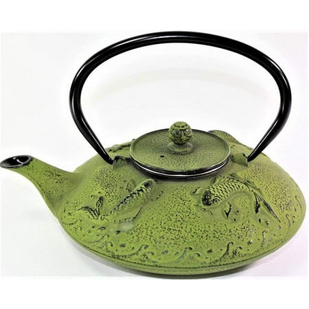 Japanese Antique 24 Fl Oz Green Fancy Carp Koi Fish Cast Iron Teapot Tetsubin with Infuser (Best Japanese Cast Iron Teapot)