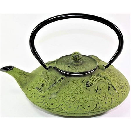 Japanese Antique 24 Fl Oz Green Fancy Carp Koi Fish Cast Iron Teapot Tetsubin with Infuser