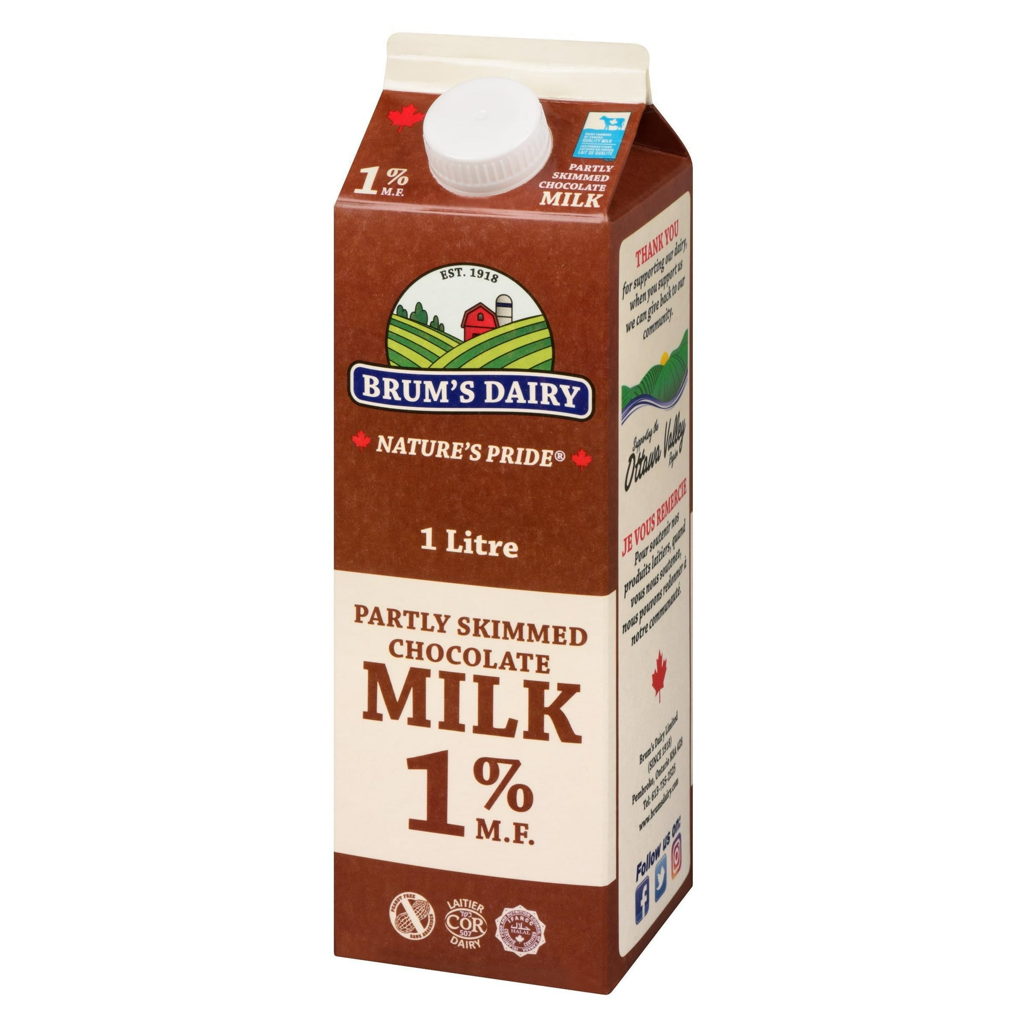 Brum's 1% M.F Chocolate, Partly Skimmed Milk.