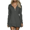 thumbnail image 2 of Tqyyweavej Women's Mini Dress Quarter-Zipper Ruffle Long Sleeve Dress Hoodie Solid Color Deep V Neck Spring Dresses for Women, 2 of 10