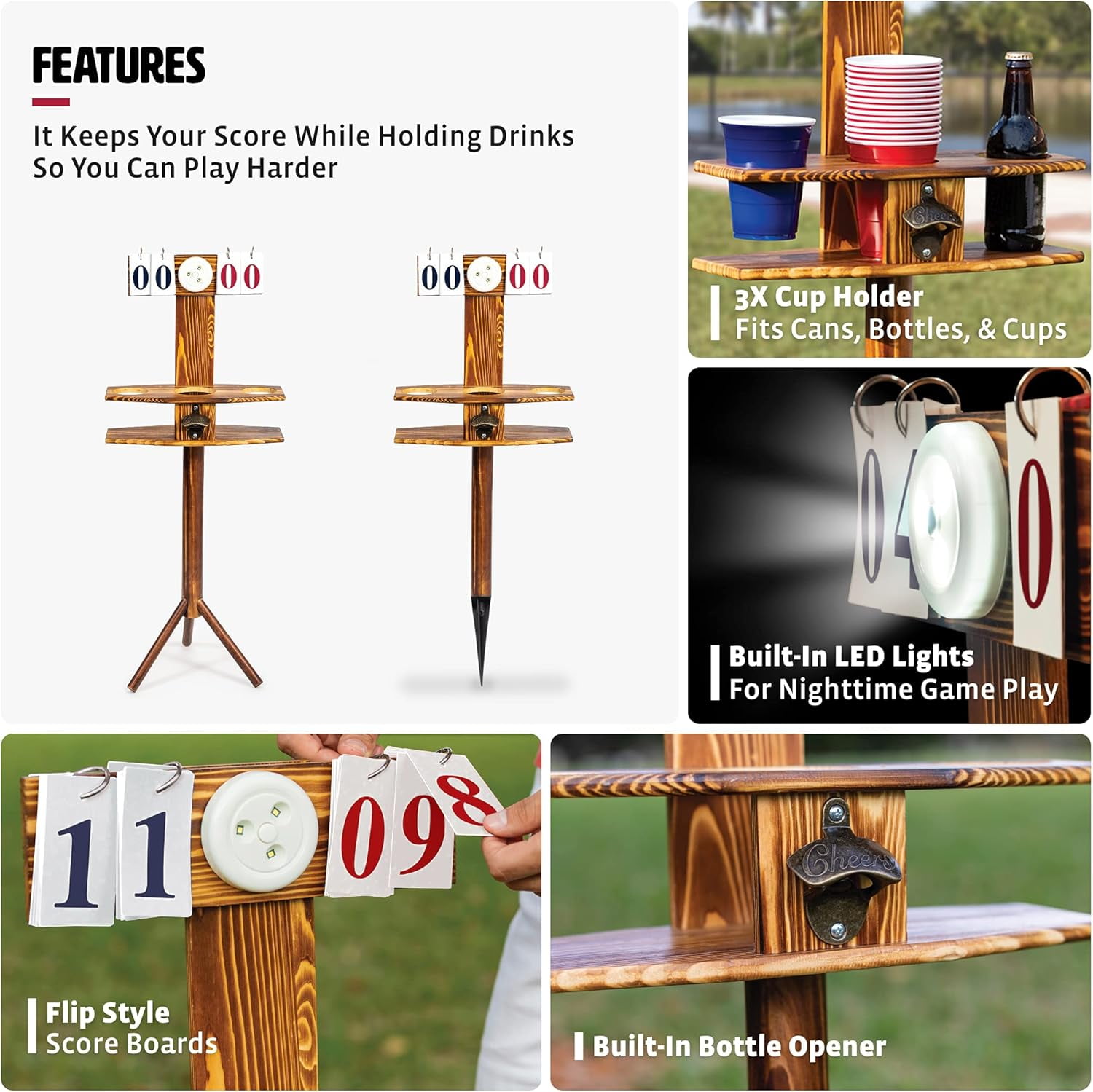 Wild Sports Outdoor Scoreboard Keeper with Drink Holders and LED Lights - Perfect Accessory for Backyard Cornhole and Yard Games Medium