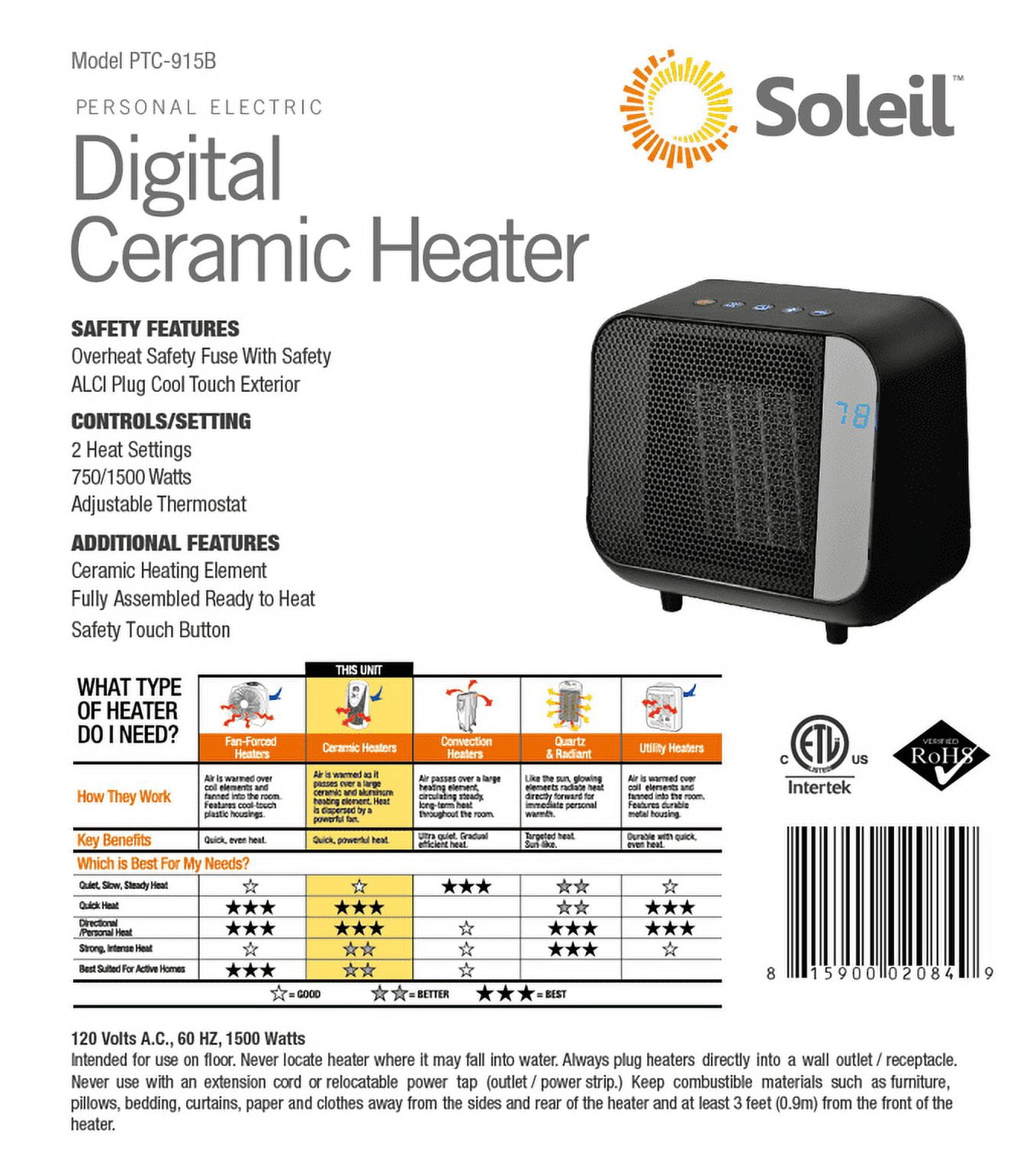Soleil Electric Digital Ceramic Heater 1500W Indoor Black