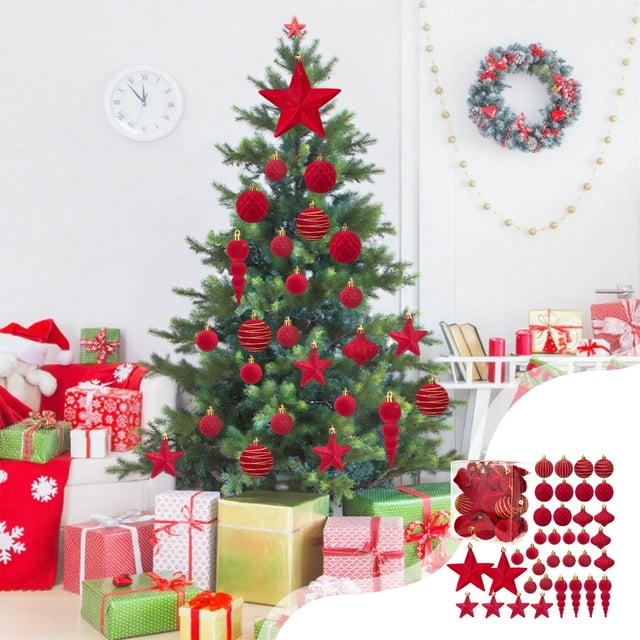 Set de 36 Bolas Navideñas Nevadas | Adornos de Varios Estilos para El Árbol de Navidad | Material Nevado Rojo | Tamaño: 6 Cm | Peso: 337 G | Paquete de Decoración Navideña